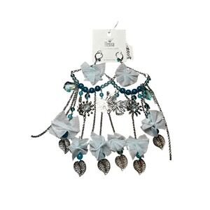 Reina Blue Beaded Chandelier Earrings Butterfly Floral Leaf Statement